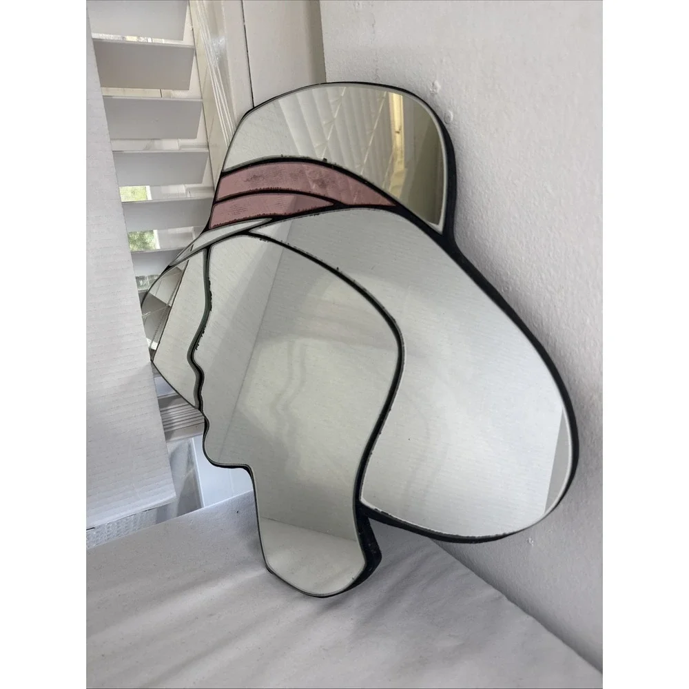 Vtg Figural Wall Cut Glass Mirror Art Deco Retro Woman Profile w/ Hat